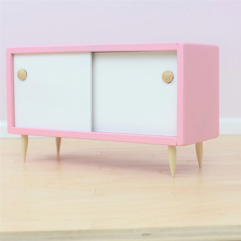 Pink Console Cabinet w/ Working Doors for 1:6 Scale Doll - Mid-Century Modern