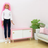 Pink Console Cabinet w/ Working Doors for 1:6 Scale Doll - Mid-Century Modern