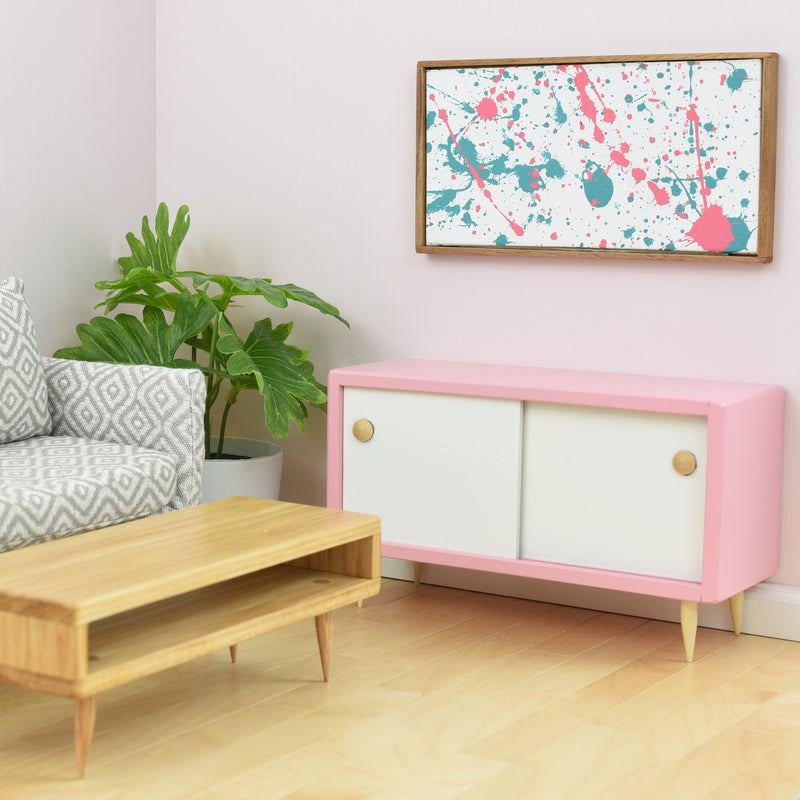 Pink Console Cabinet w/ Working Doors for 1:6 Scale Doll - Mid-Century Modern