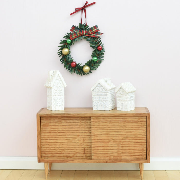 Holiday Wreath Miniature | Traditional Red and Green with Plaid Bow and Ornaments