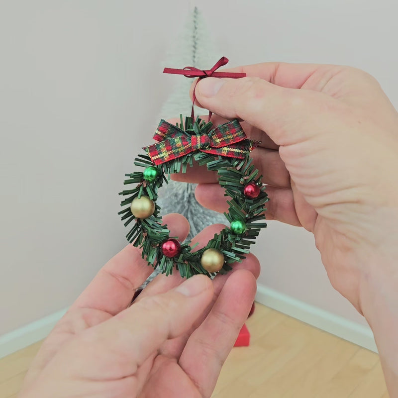 Holiday Wreath Miniature | Traditional Red and Green with Plaid Bow and Ornaments