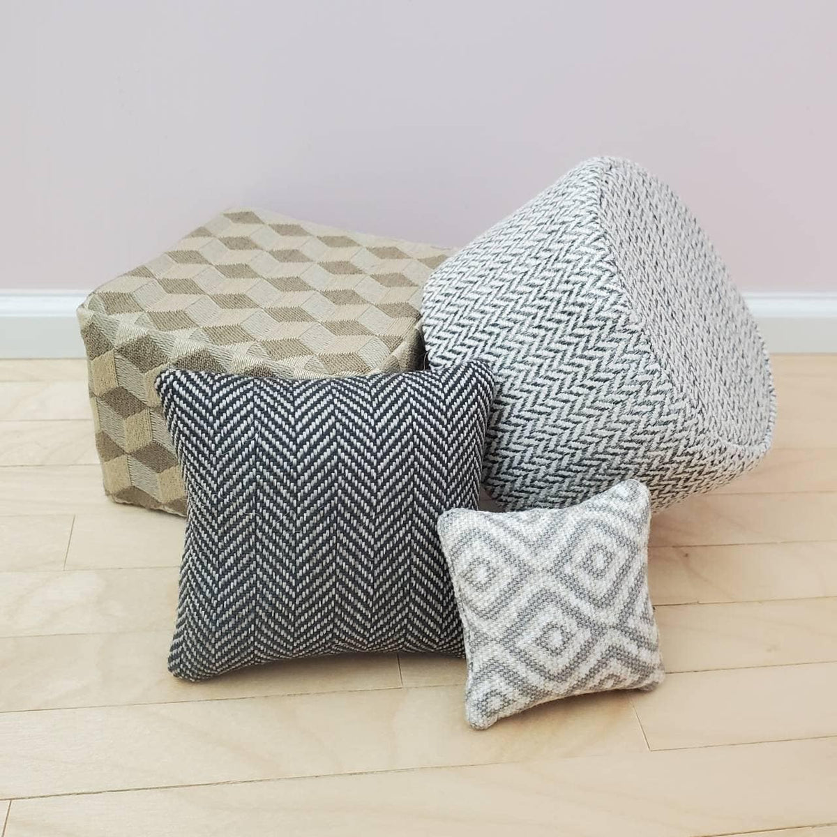 Patterned Upholstered Poof Ottomans & Pillows for 1:6 Scale Doll