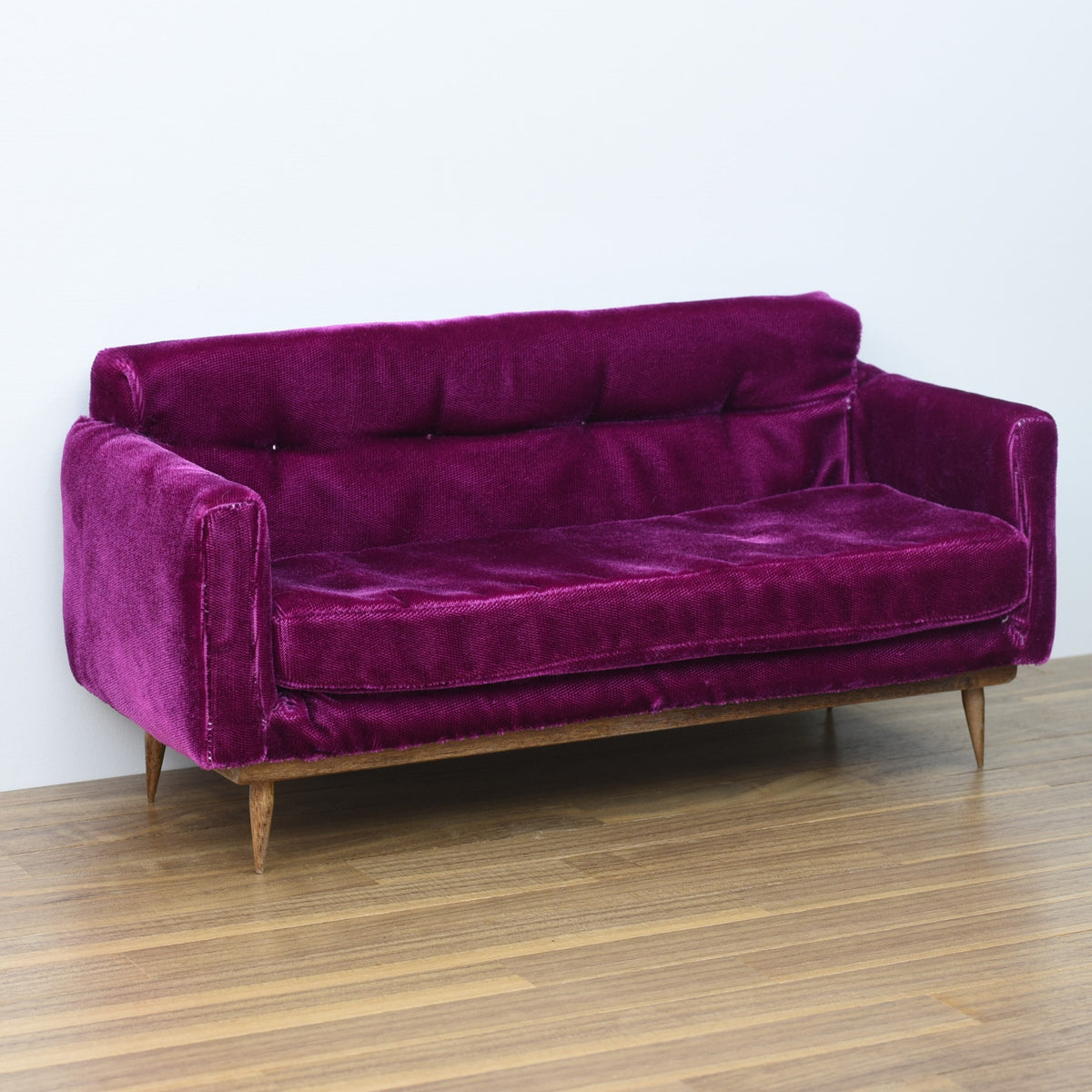 Pink Velvet Upholstered Couch for 1:6 Scale Doll - Mid-Century Modern