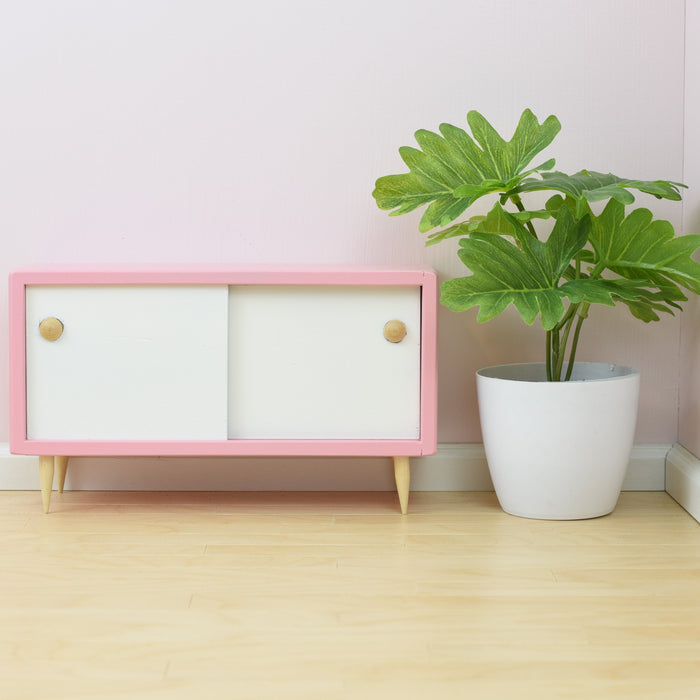 Pink Console Cabinet w/ Working Doors for 1:6 Scale Doll - Mid-Century Modern
