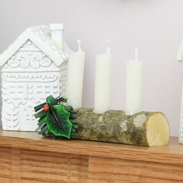 Miniature Holiday Yule Log | Real Wood with Real, Working Candles | For 1:6 Scale Dolls