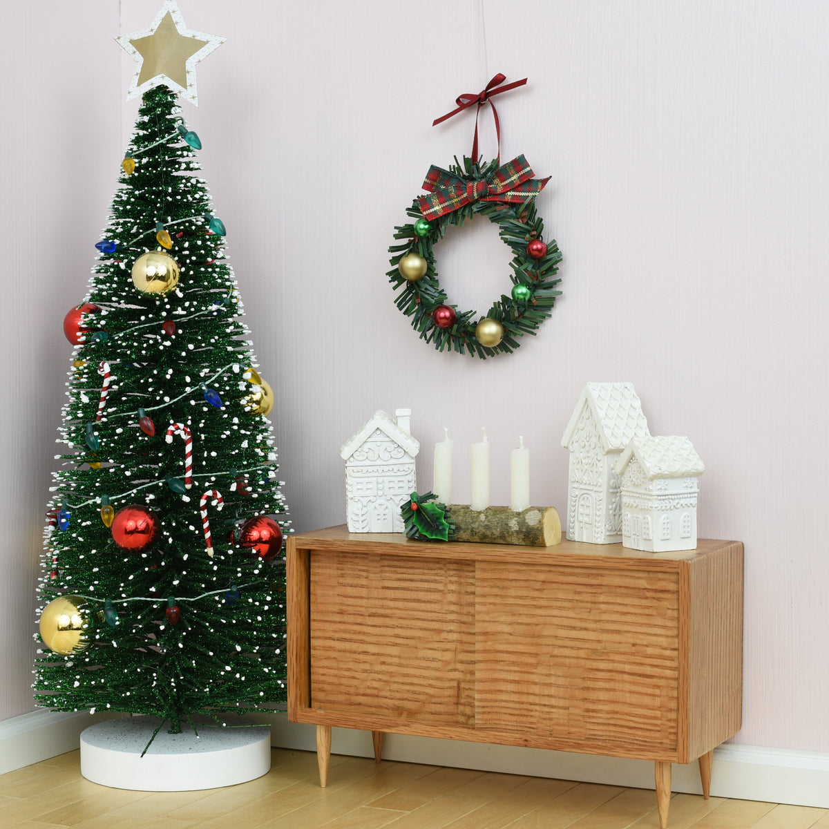 Real Oak Hardwood Console Cabinet w/ Working Doors for 1:6 Scale Doll - Mid-Century Modern