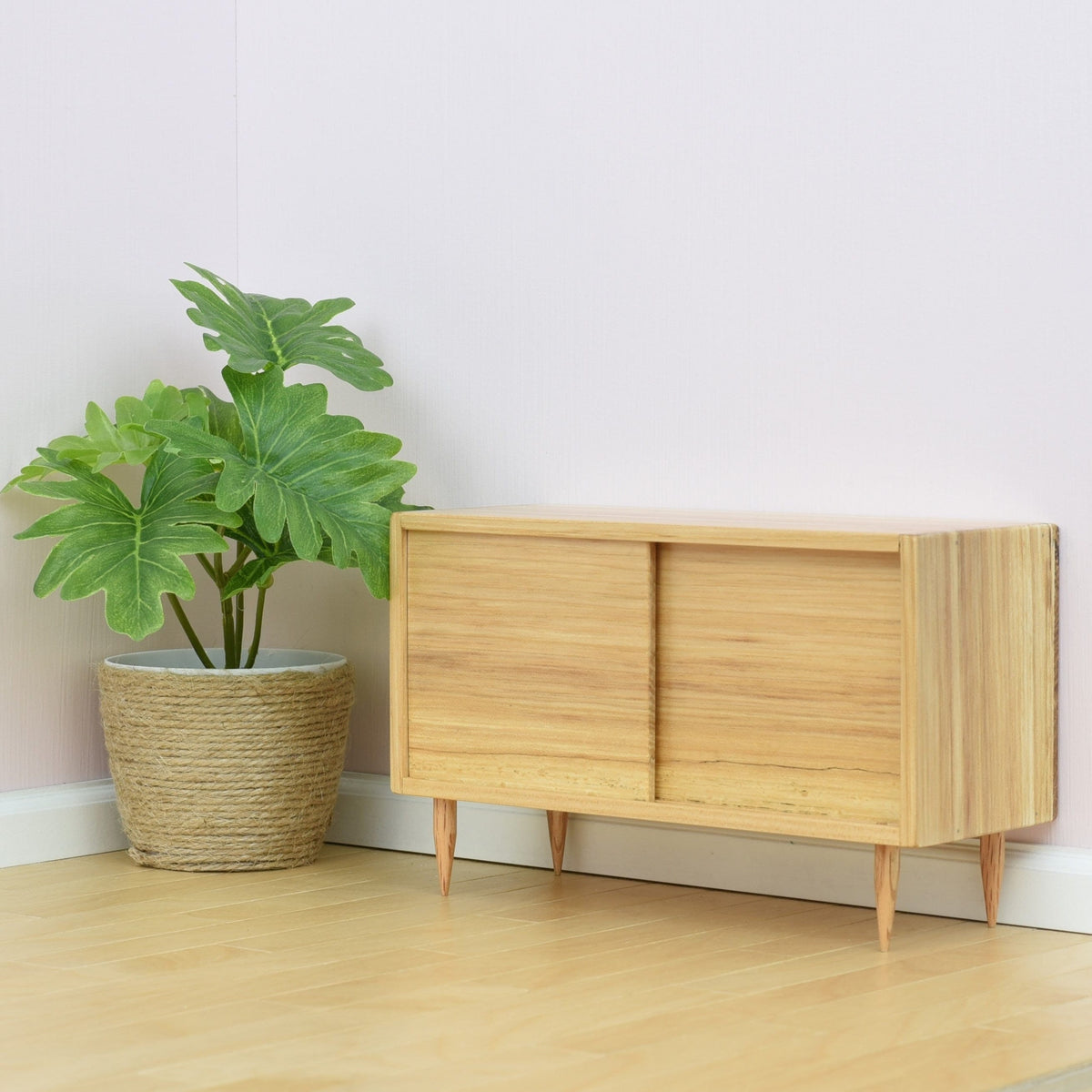 Real Oak Hardwood Console Cabinet w/ Working Doors for 1:6 Scale Doll - Mid-Century Modern